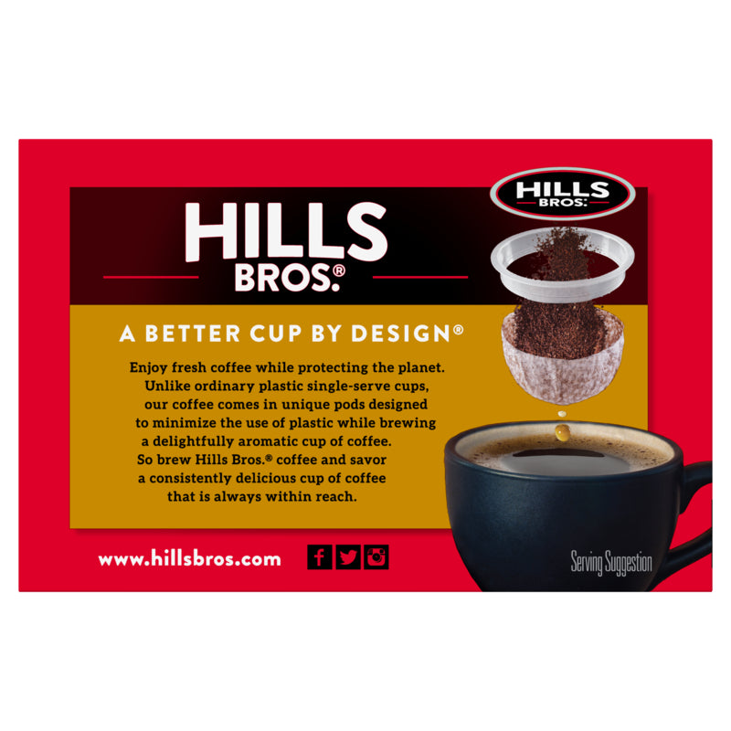Hills Bros. Coffee packaging features the slogan "A Better Cup by Design," highlighting its environmentally friendly design that avoids plastic. Showcasing an image of Arabica coffee beans brewing and a cup of coffee below, it promises a rich flavor in every Morning Roast - Light Roast - Single-Serve Coffee Pod.
