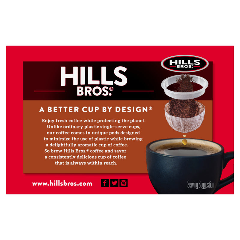 Image of Hills Bros. Coffee packaging showcasing eco-friendly Hazelnut Blend - Medium Roast - Single-Serve Coffee Pods and an aromatic Hazelnut blend in a black cup. The red background features the phrase "A Better Cup by Design™," highlighting the use of premium Arabica coffee beans for a rich, flavorful experience.