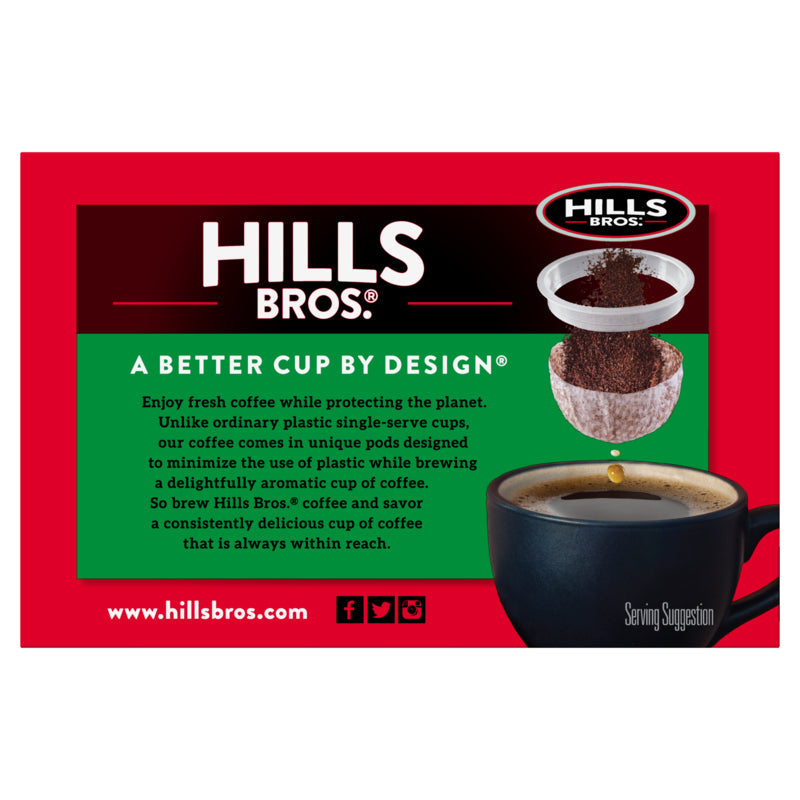 The image features a red background with a coffee cup and text about Hills Bros. Coffee Decaf Original Blend - Medium Roast - Single-Serve Coffee Pods. The coffee, made from 100% Colombian Premium Arabica beans, is described as environmentally friendly, using unique single-serve coffee pods to minimize plastic use.