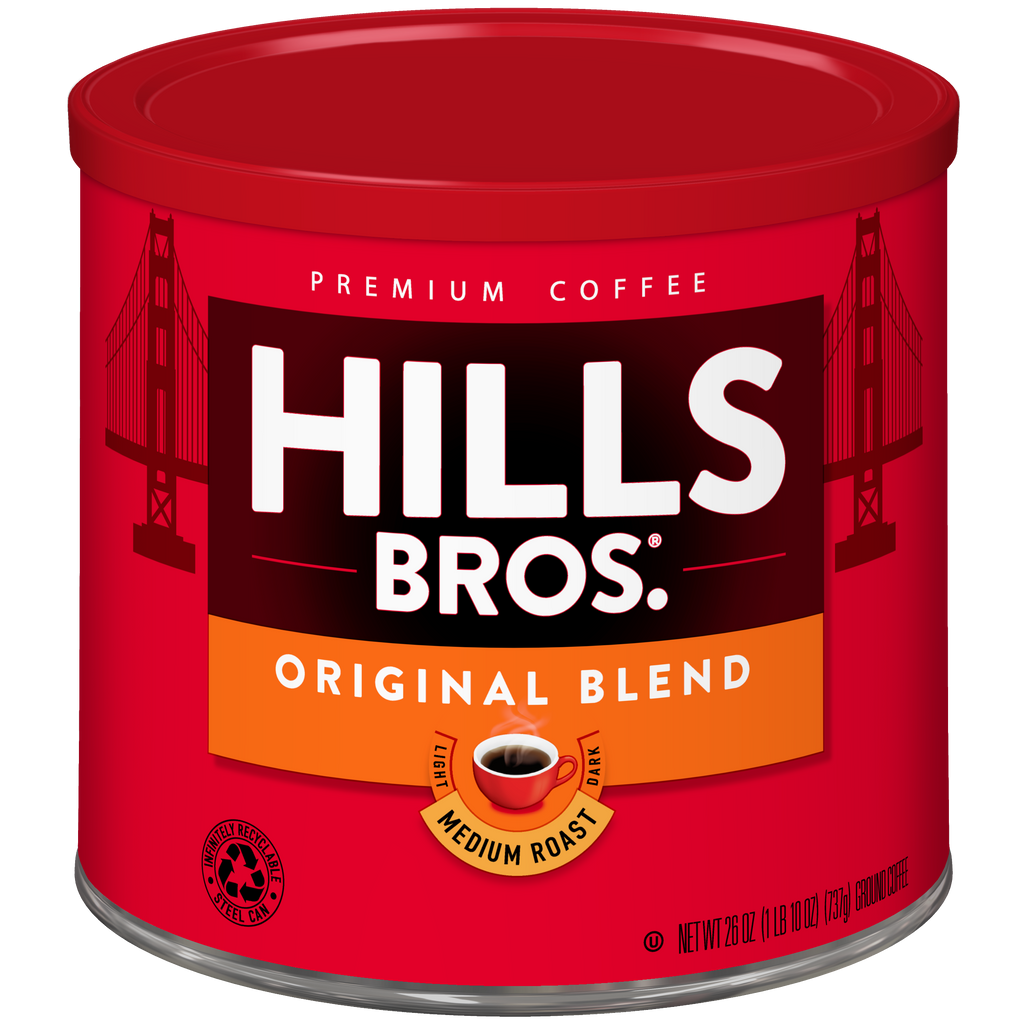 A red can of Hills Bros. Original Blend Premium Coffee, labeled as medium roast with a net weight of 26 ounces (1 lb 10 oz or 737 grams).
