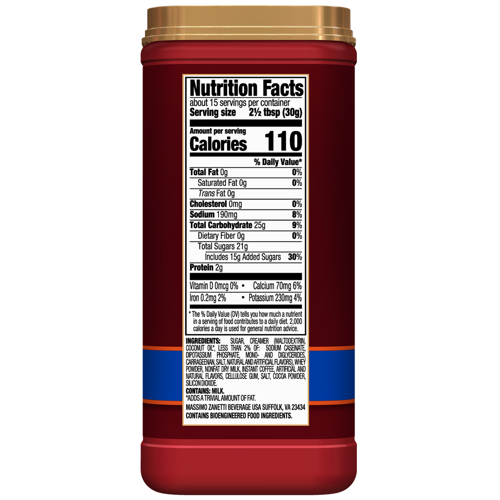A jar of Hills Bros. Cappuccino Fat-Free French Vanilla Instant Cappuccino Mix with a detailed nutrition facts label displayed, indicating serving size, calories, and other nutritional content.