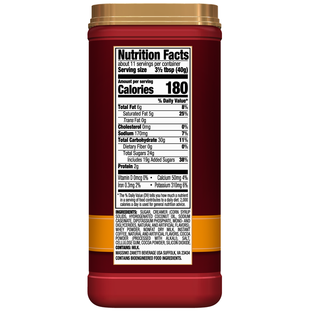 A cylindrical Hills Bros. Cappuccino White Chocolate Caramel Instant Cappuccino Mix jar label displaying nutritional facts, ingredients, and dietary information on a reddish-brown background.