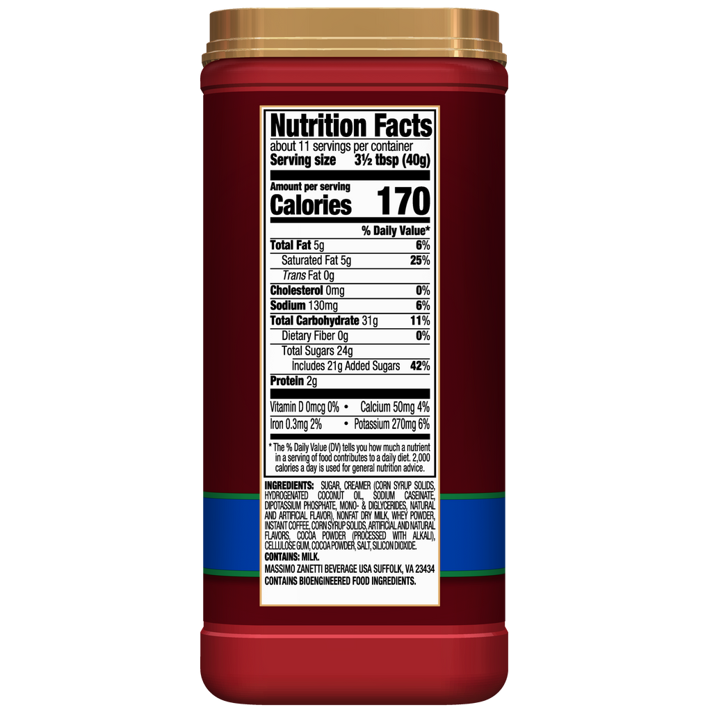 Nutrition label on a red Hills Bros. Cappuccino Instant Cappuccino Mix jar showing serving size, calories, and various nutrients, with a focus on saturated fat and sugars.