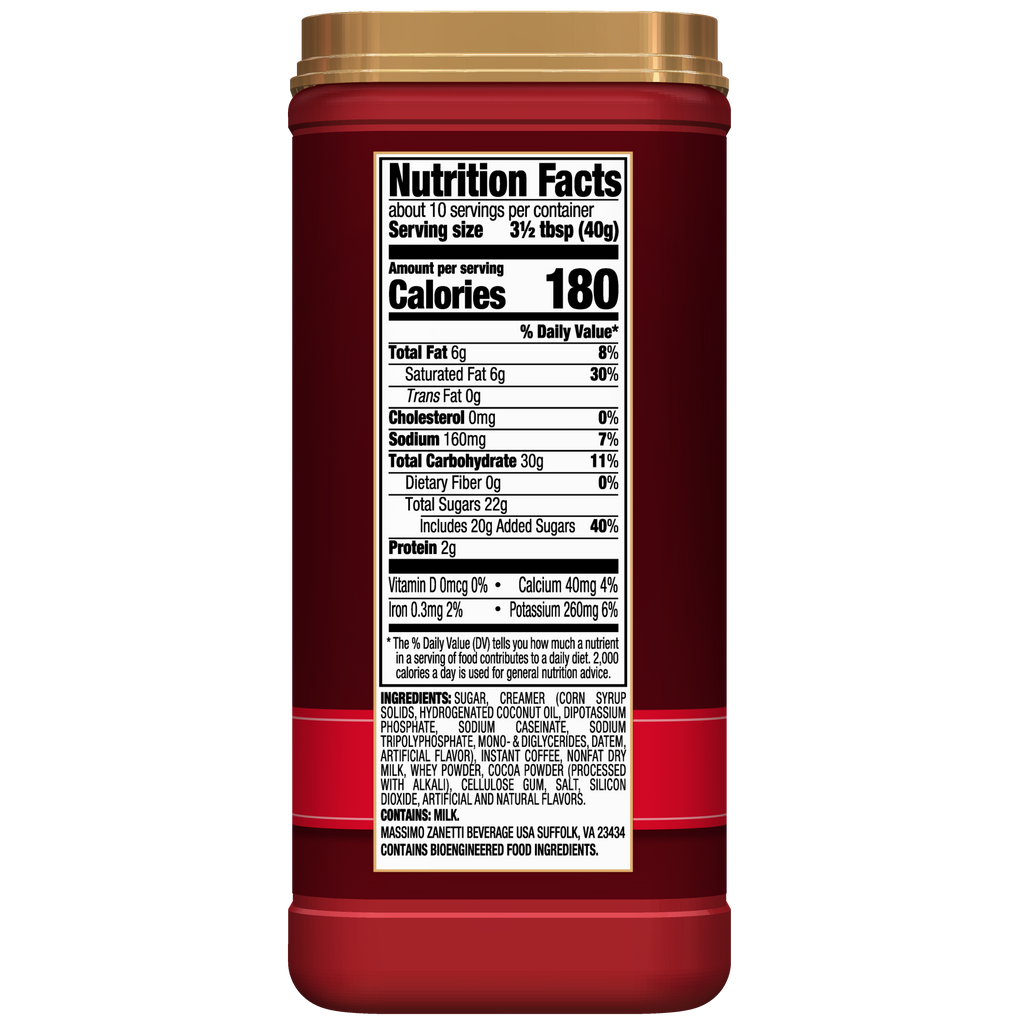 Red Hills Bros. Cappuccino jar displaying a detailed nutritional facts label with ingredient list, reminiscent of coffee house cappuccino flavors.
