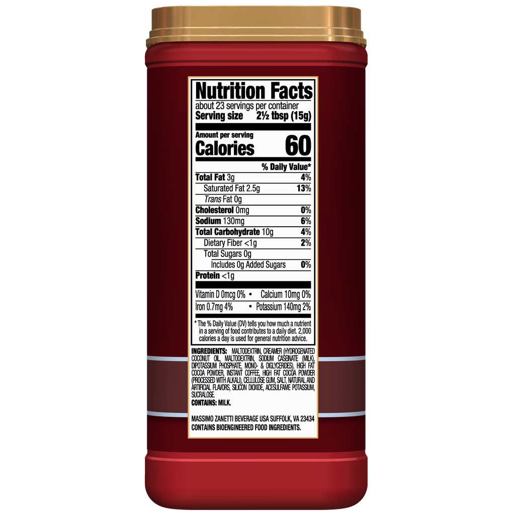 A can of refried beans displaying nutritional information on the label, including calorie content, vitamins, and ingredients such as Hills Bros.® Sugar-Free Double Mocha - Instant Cappuccino Mix.