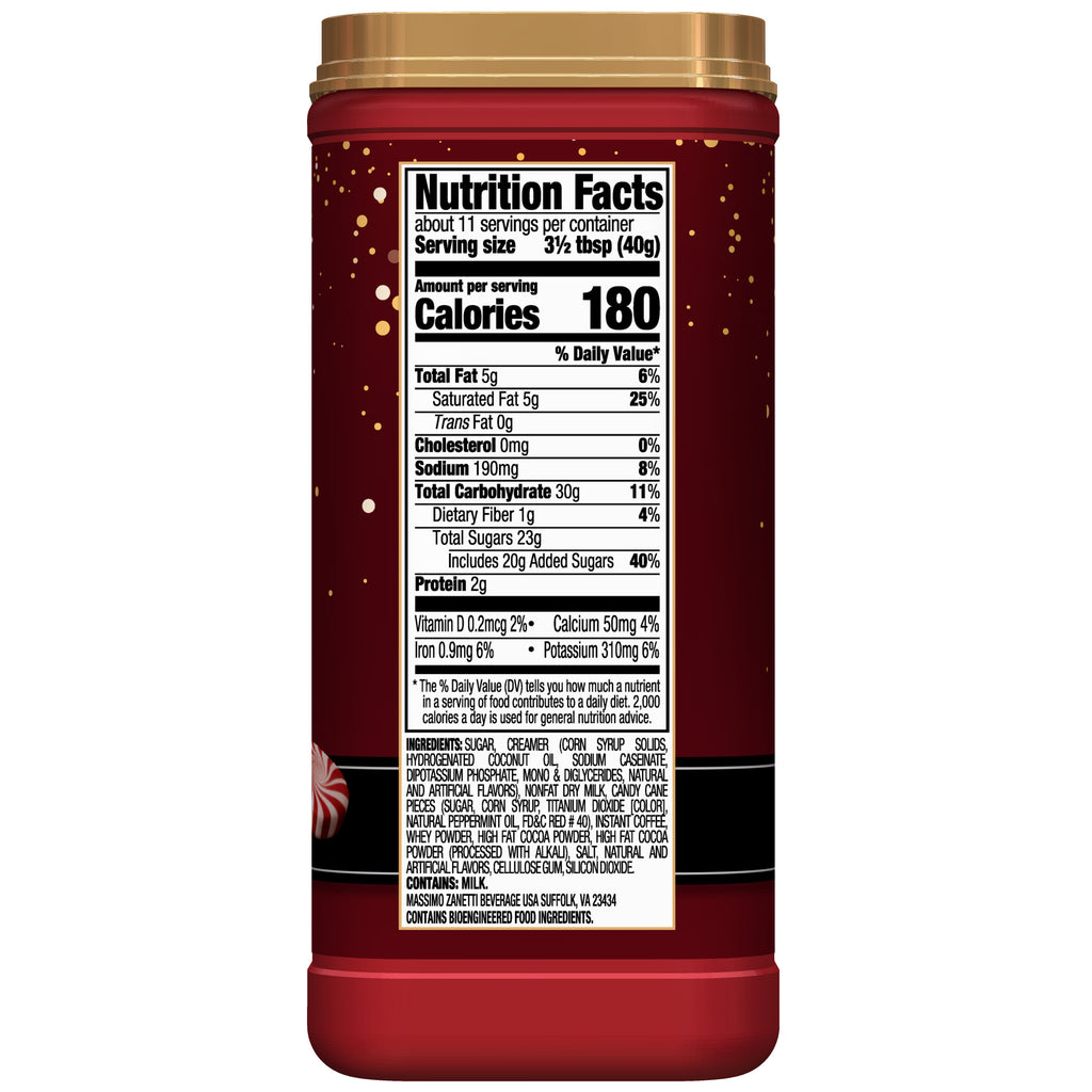 A jar of Hills Bros. Cappuccino Instant Cappuccino Mix - Mocha Mint with a rich coffeehouse flavor, featuring a detailed nutrition facts label showing calories, fat content, and other dietary information.