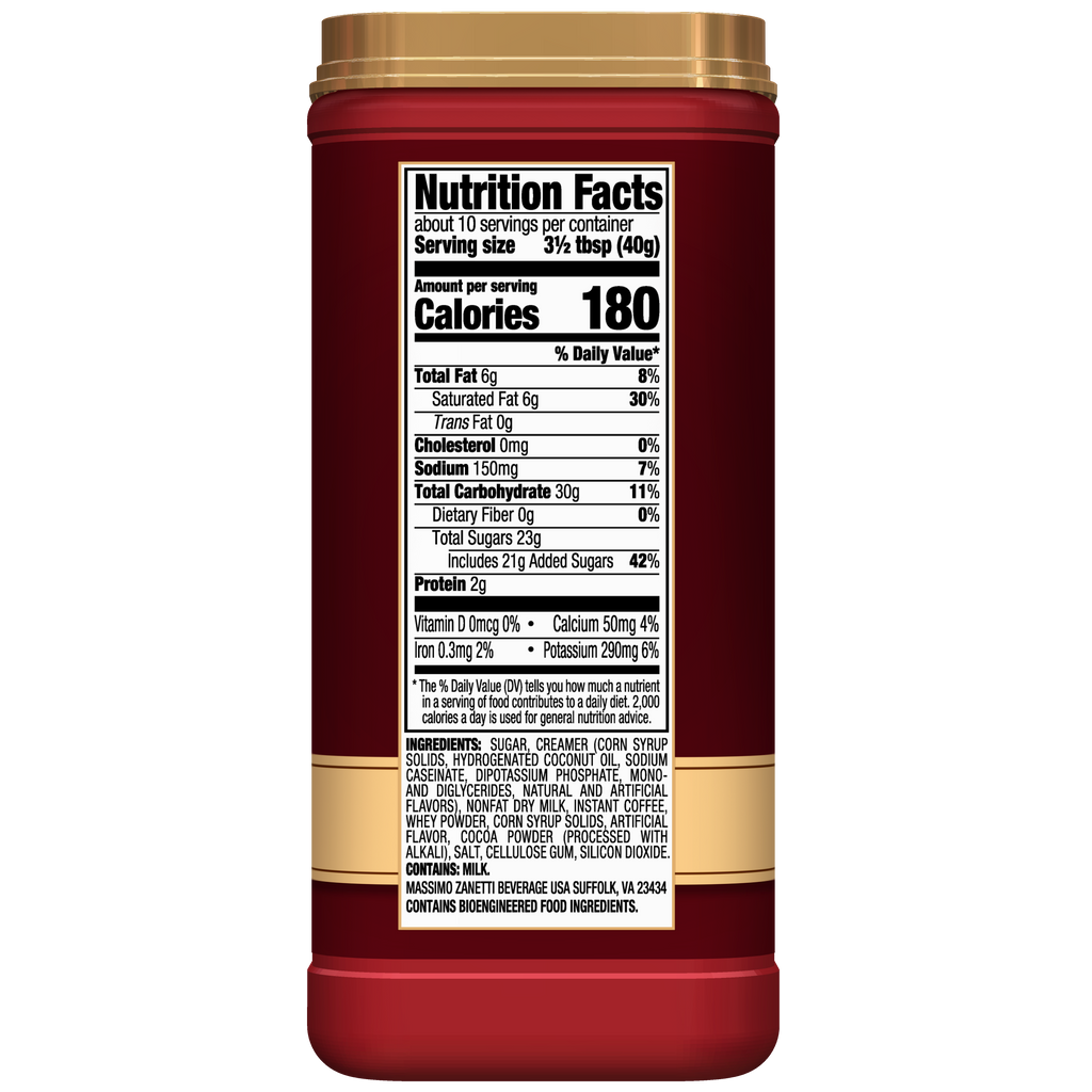 Red Hazelnut - Instant Cappuccino Mix jar with a detailed nutrition facts label shown, displaying serving size, calories, and ingredients.