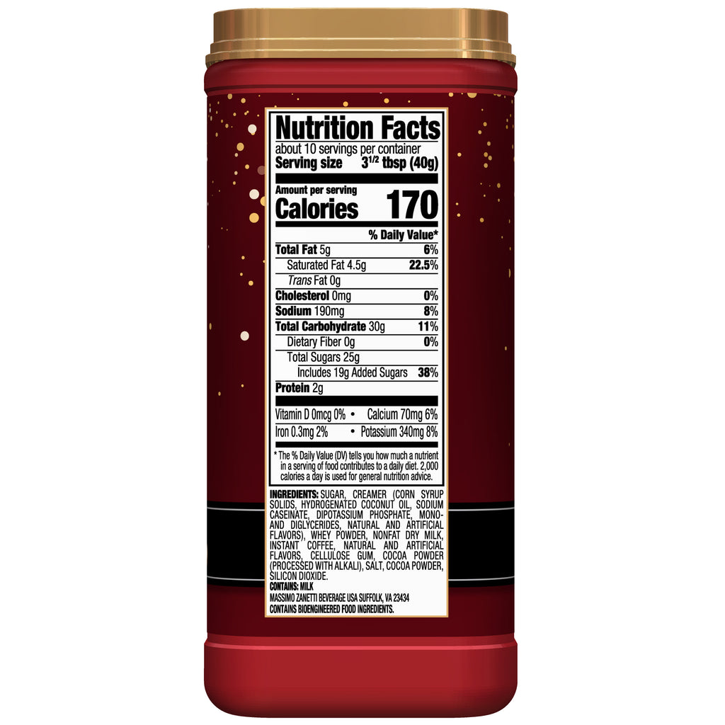 Red Hills Bros. Gingerbread Instant Cappuccino Mix jar with detailed nutrition facts label displayed on the back.