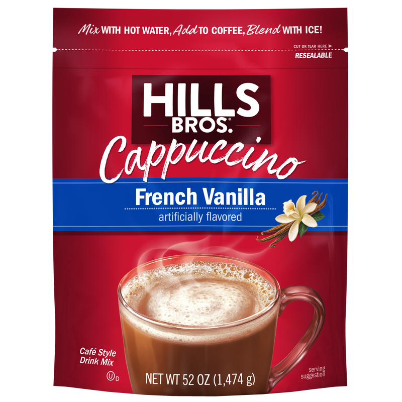 Indulge in the rich taste of Hills Bros. Cappuccino French Vanilla Instant Cappuccino Mix - 52 oz Resealable Pouch.