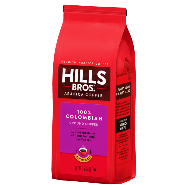 Indulge in the rich flavor of Hills Bros. Coffee 100% Colombian - Medium Roast - Ground - Bag - Premium Arabica, a delightful medium roast blend.