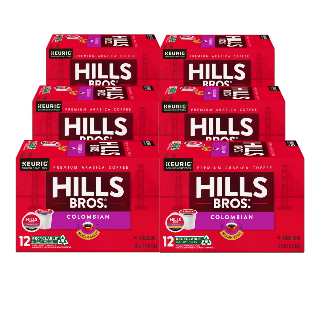 Six boxes of Hills Bros. Coffee's Colombian Medium Roast Keurig K-Cup® Pods, each containing 12 recyclable pods crafted with premium Arabica beans, showcased against a white background.