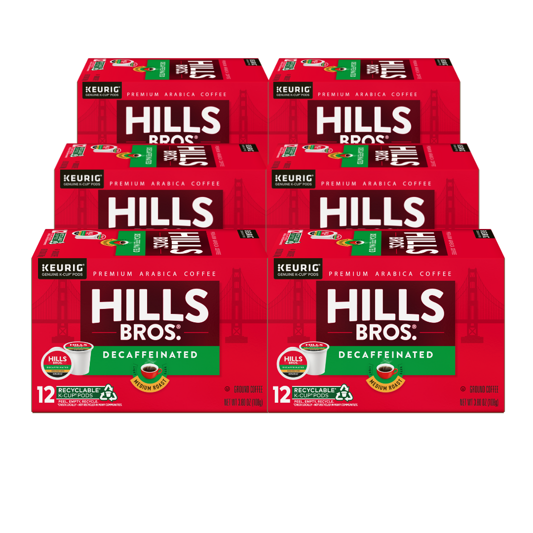 A stack of six boxes of Hills Bros. Coffee Decaf Blend, Medium Roast K-Cup® Pods includes 72 recyclable pods for Keurig machines, featuring packaging with a red design and white and green accents.