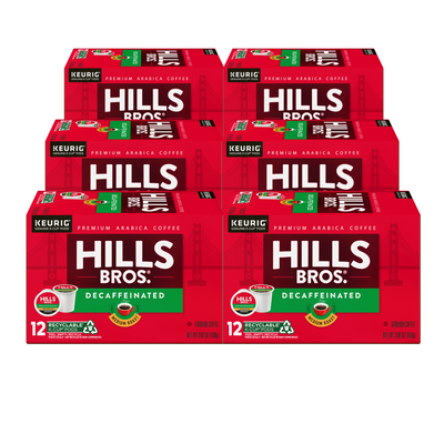 A stack of six boxes of Hills Bros. Coffee Decaf Blend, Medium Roast K-Cup® Pods includes 72 recyclable pods for Keurig machines, featuring packaging with a red design and white and green accents.