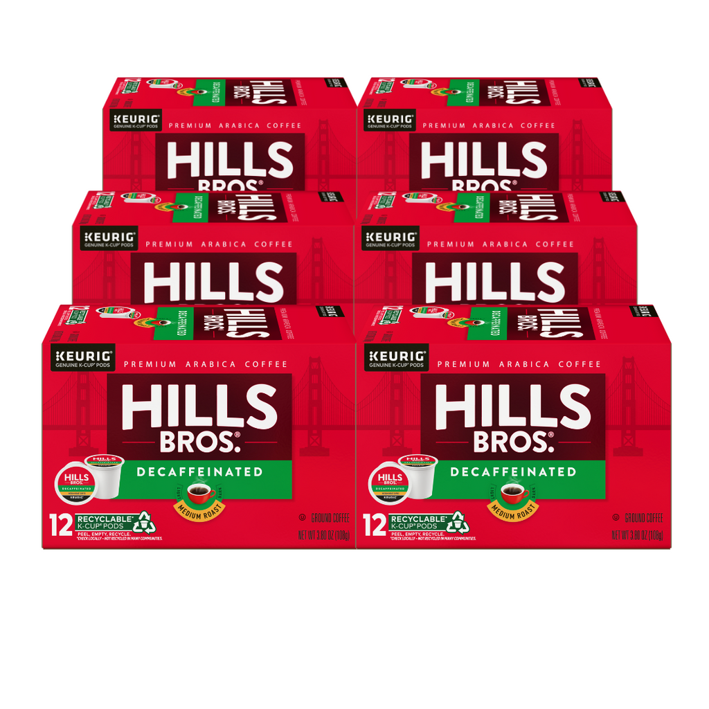 A stack of six boxes of Hills Bros. Coffee Decaf Blend, Medium Roast K-Cup® Pods includes 72 recyclable pods for Keurig machines, featuring packaging with a red design and white and green accents.