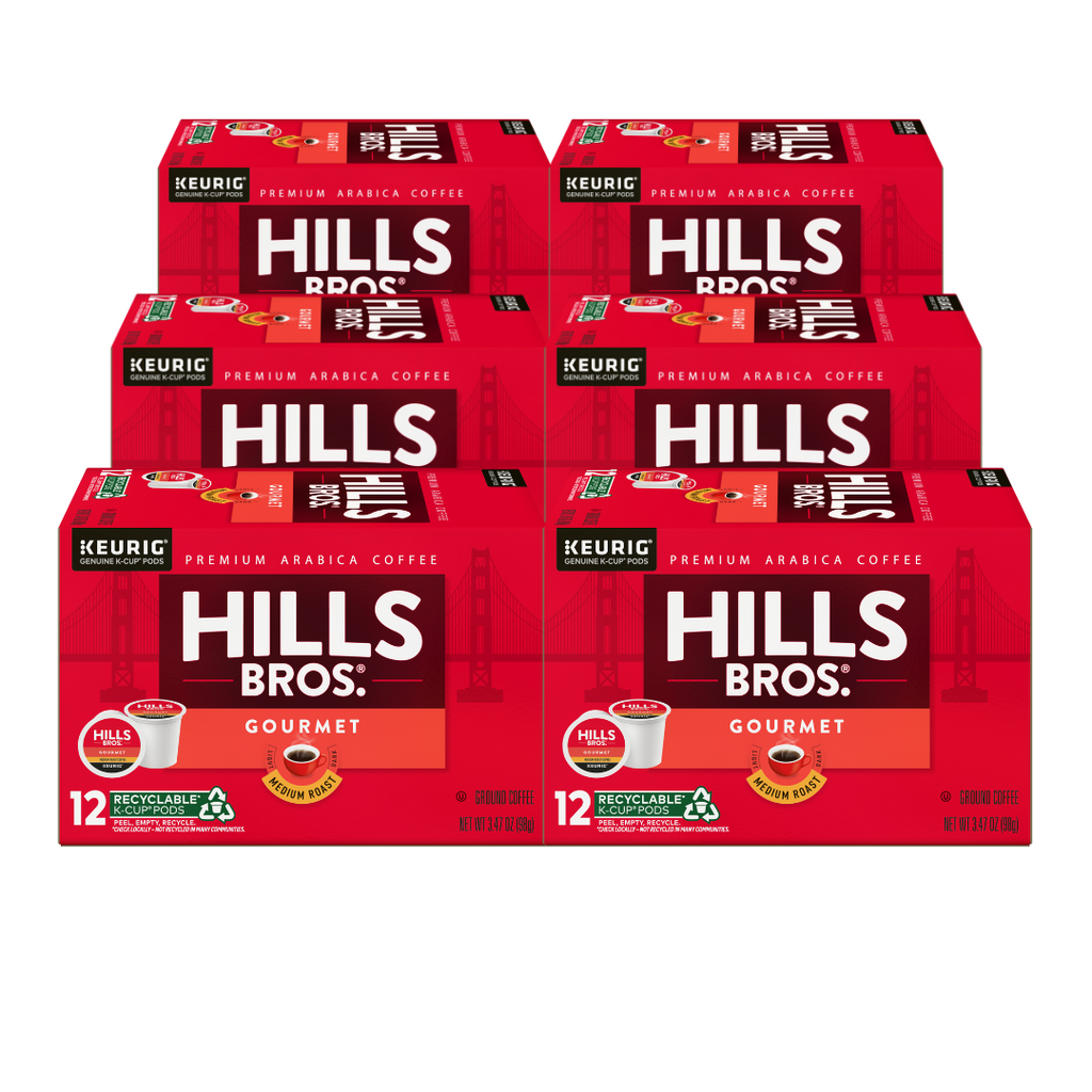 Six boxes of Hills Bros. Coffee Gourmet Blend - Medium Roast K-Cup® Pods, each containing 12 pods in striking red packaging, are made from premium Arabica beans and promise a rich, flavorful experience in every cup.