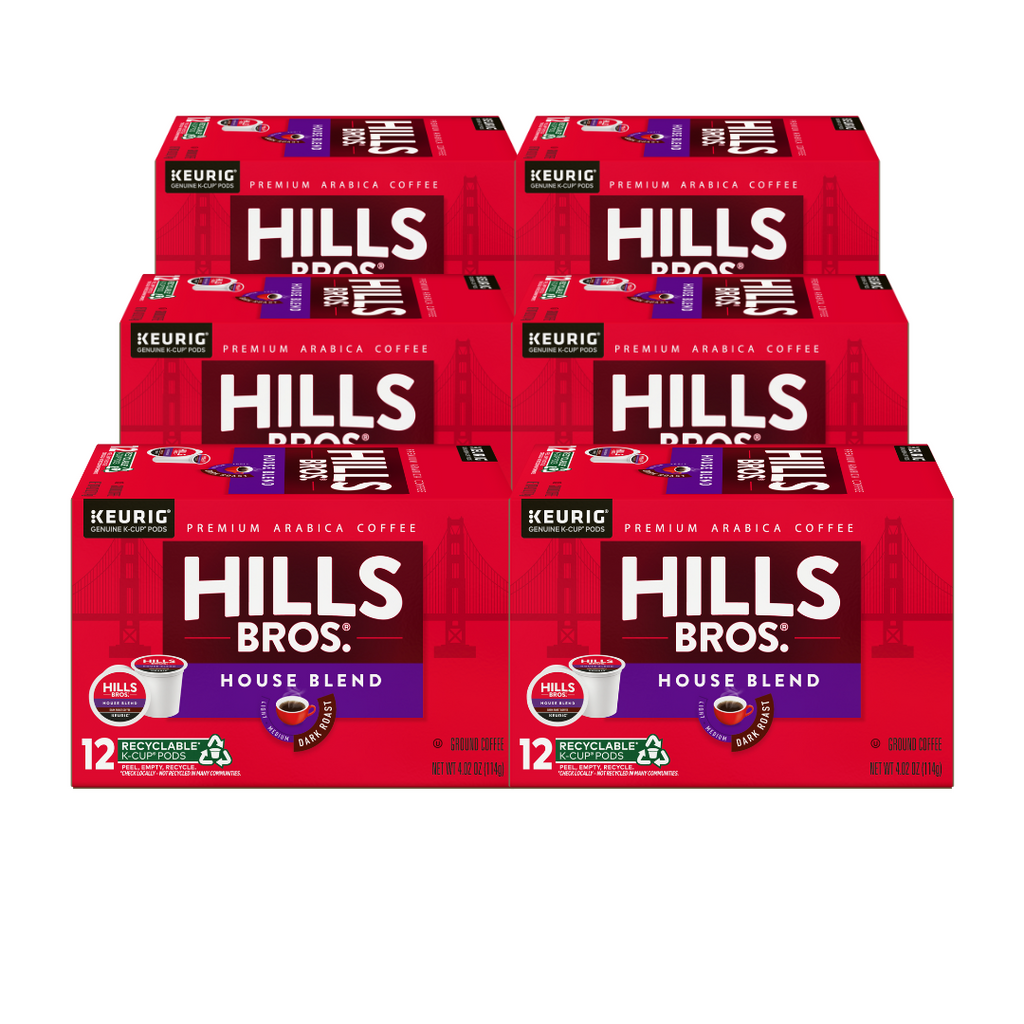 Six boxes of Hills Bros. Coffee House Blend - Dark Roast - Keurig K-Cup® Pods, made from premium Arabica beans and dark roasted for a rich flavor, are stacked in two rows. Each box contains 12 aromatic coffee pods for a delightful brew every time.