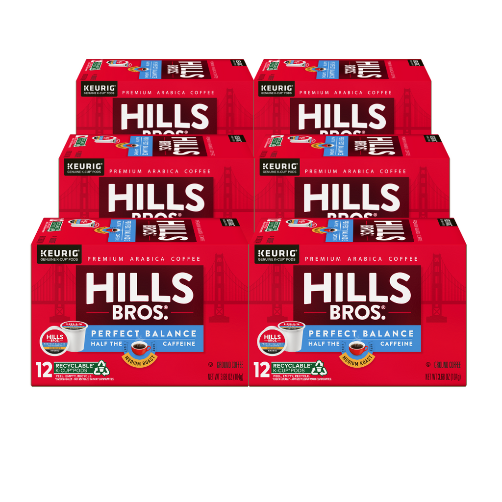 Six boxes of Hills Bros. Coffee Perfect Balance Medium Roast K-Cup® Pods, compatible with Keurig, each containing 12 recyclable pods. Made with medium roasted Arabica beans, the packaging features a red design and signature branding for a perfect brew every time.