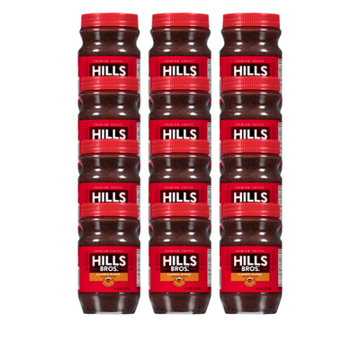 Fifteen jars of Hills Bros. Coffee Original Blend Medium Roast Instant Coffee are displayed in three vertical rows against a black background.