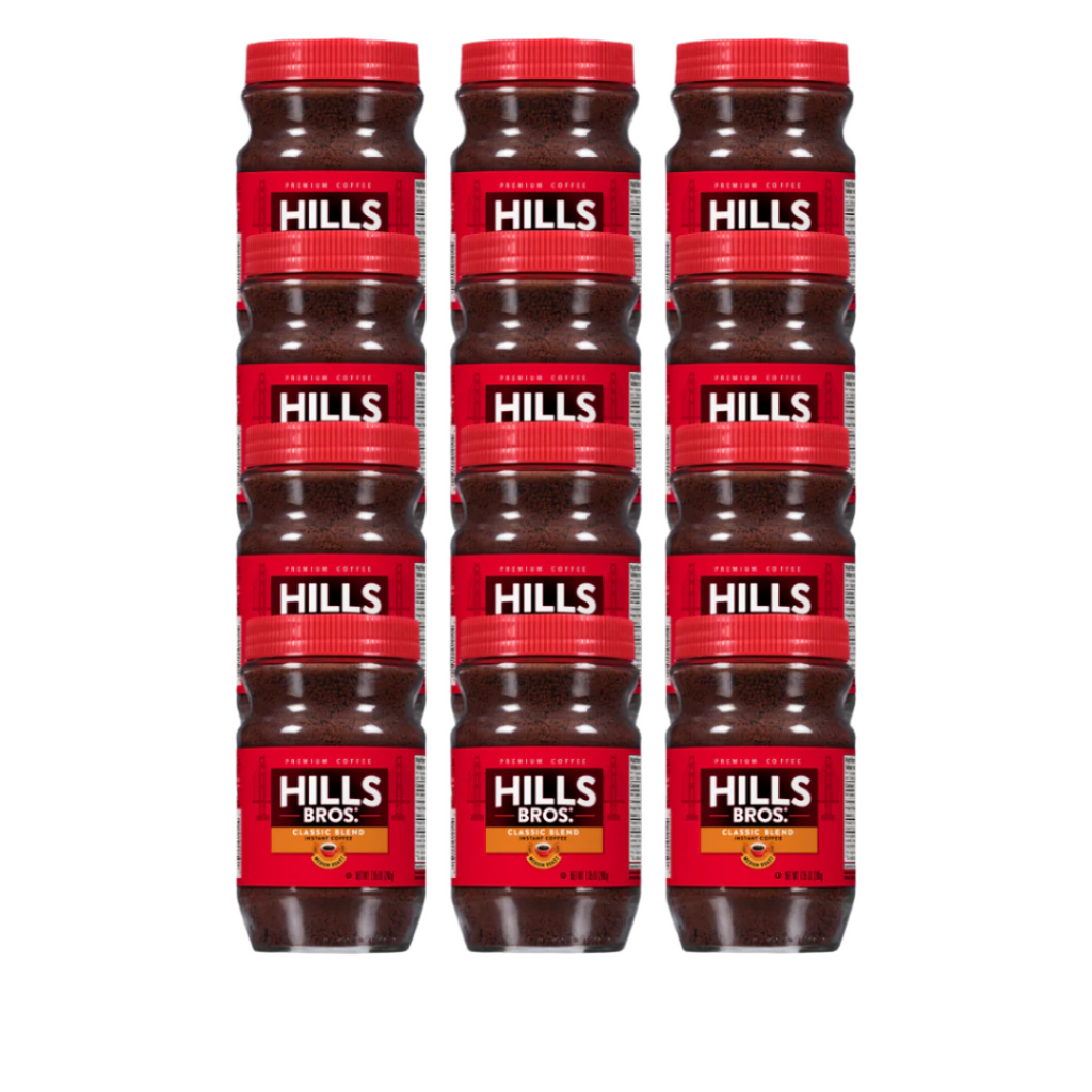 Fifteen jars of Hills Bros. Coffee Original Blend Medium Roast Instant Coffee are displayed in three vertical rows against a black background.