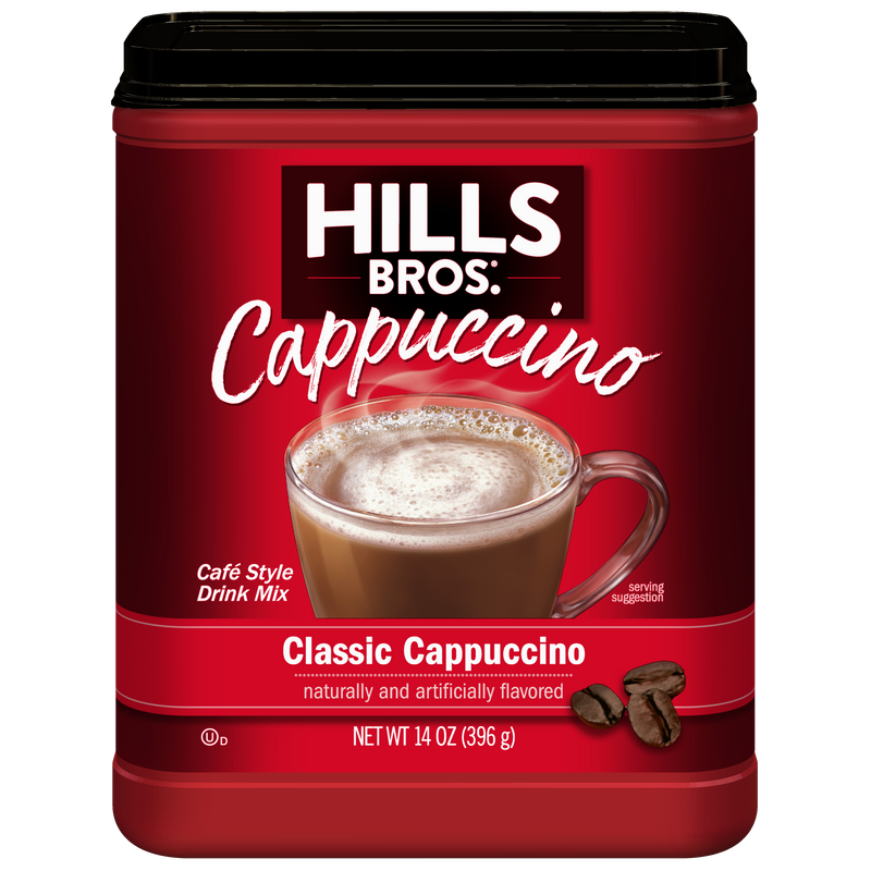 Enjoy café-quality flavor at home with Hills Bros. Cappuccino Classic Cappuccino Instant Mix—a rich, instant cappuccino blend in a 14 oz container, perfect for a delicious treat anytime.