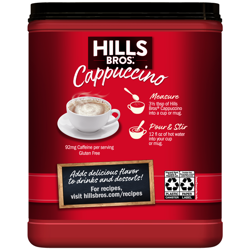 A red container of Hills Bros. Cappuccino Classic Cappuccino - Instant Cappuccino Mix shows prep instructions, a steaming cappuccino image, caffeine info, recyclability details, and the company website.