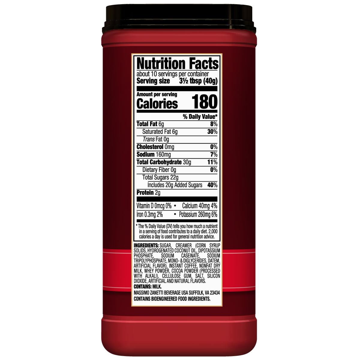 Back of a red Hills Bros. Cappuccino Classic Cappuccino - Instant Cappuccino Mix container showing the nutrition facts label with calories, fat, cholesterol, sodium, carbohydrates, protein, vitamins, and mix ingredients.