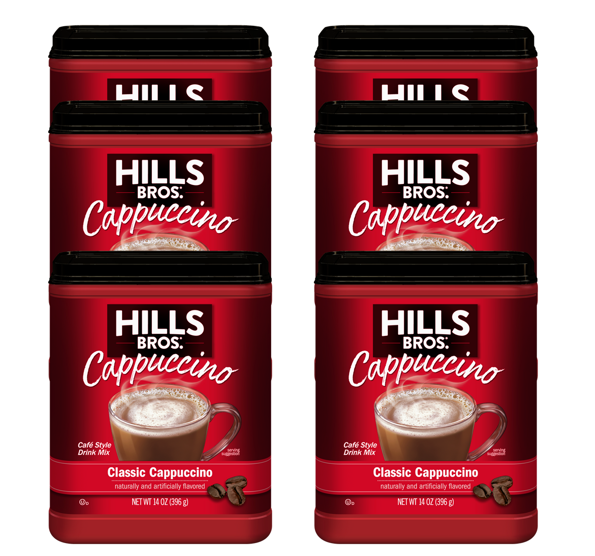 Six 16-oz containers of Hills Bros. Cappuccino Classic Cappuccino - Instant Cappuccino Mix are arranged in two rows of three for a convenient café-style experience.