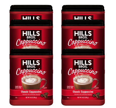 Six 16-oz containers of Hills Bros. Cappuccino Classic Cappuccino - Instant Cappuccino Mix are arranged in two rows of three for a convenient café-style experience.