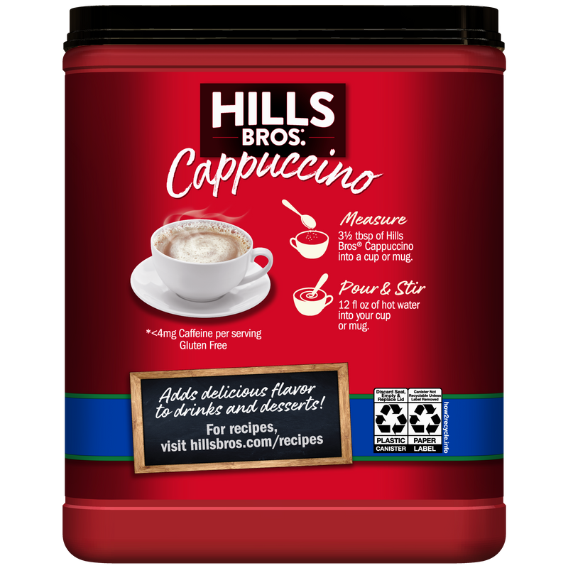 A red canister of Hills Bros. Cappuccino Decaf French Vanilla Instant Cappuccino Mix with prep instructions, a cup image, and recycling symbols on the label.