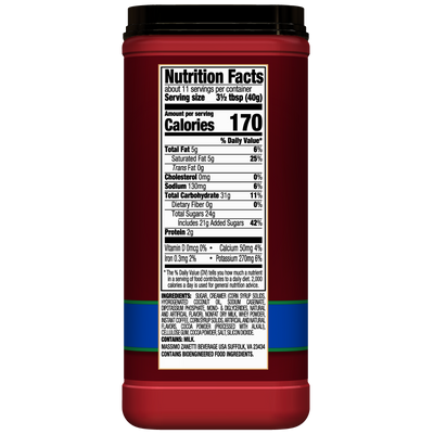 A close-up of a Hills Bros. Cappuccino Decaf French Vanilla Instant Cappuccino Mix jar's nutrition facts label detailing serving size, calories, fats, cholesterol, sodium, carbohydrates, protein, vitamins, and ingredients.
