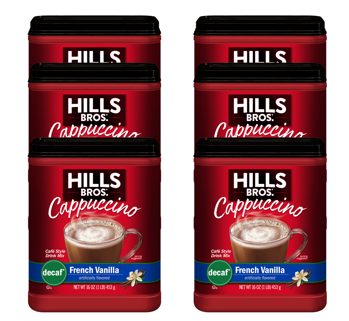 Six 16 oz containers of Hills Bros. Cappuccino Decaf French Vanilla Instant Cappuccino Mix are arranged in two columns on a white background.
