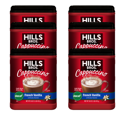 Six 16 oz containers of Hills Bros. Cappuccino Decaf French Vanilla Instant Cappuccino Mix are arranged in two columns on a white background.