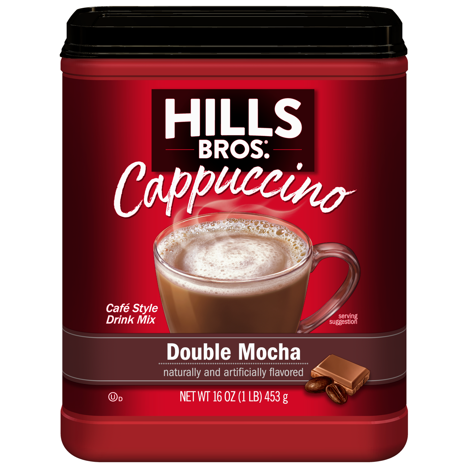 Enjoy rich, café-style cappuccino at home with Hills Bros. Cappuccino Double Mocha - Instant Cappuccino Mix, 16 oz, featuring tempting mocha flavors and a convenient container design.