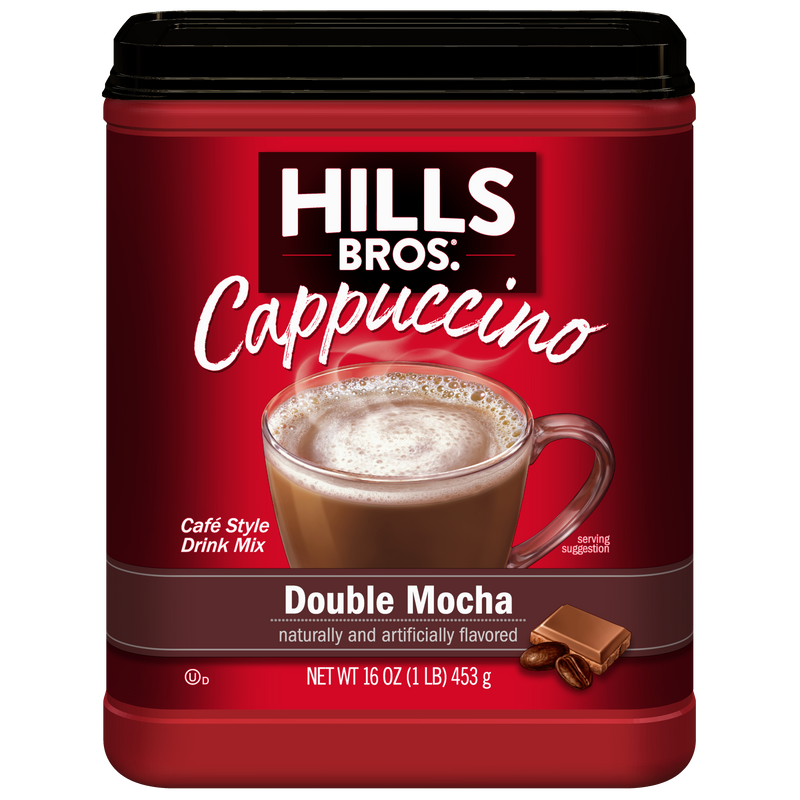 Enjoy rich, café-style cappuccino at home with Hills Bros. Cappuccino Double Mocha - Instant Cappuccino Mix, 16 oz, featuring tempting mocha flavors and a convenient container design.