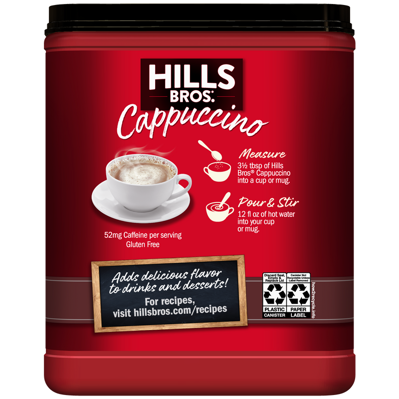 The red container of Hills Bros. Cappuccino Double Mocha Instant Cappuccino Mix features prep instructions, an instant cappuccino cup image, and a website for recipes on the label.