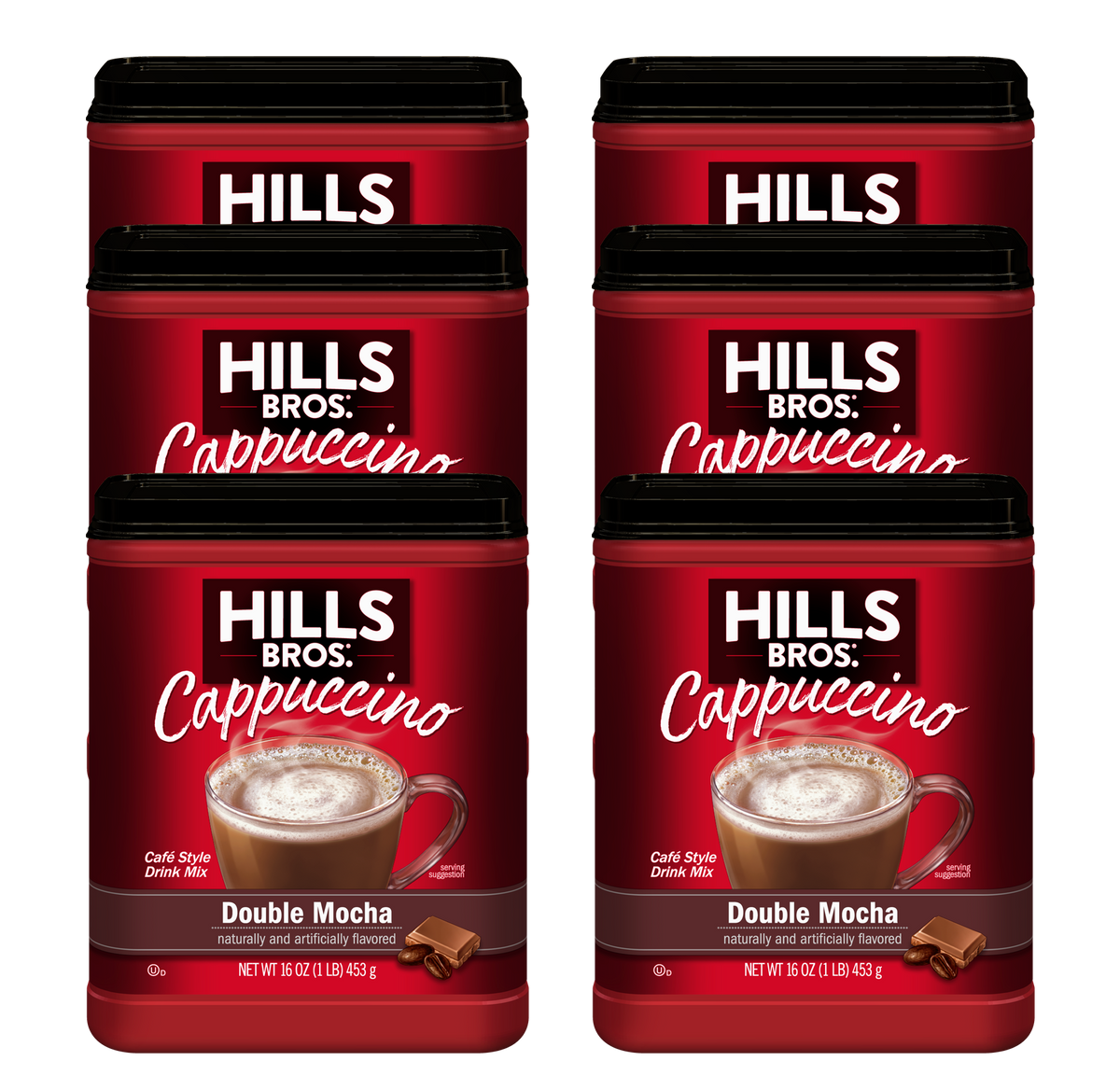 Six containers of Hills Bros. Cappuccino Double Mocha - Instant Cappuccino Mix, in red packaging, are arranged in two rows against a white background.