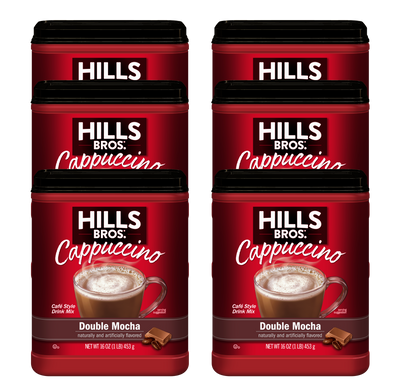 Six containers of Hills Bros. Cappuccino Double Mocha - Instant Cappuccino Mix, in red packaging, are arranged in two rows against a white background.