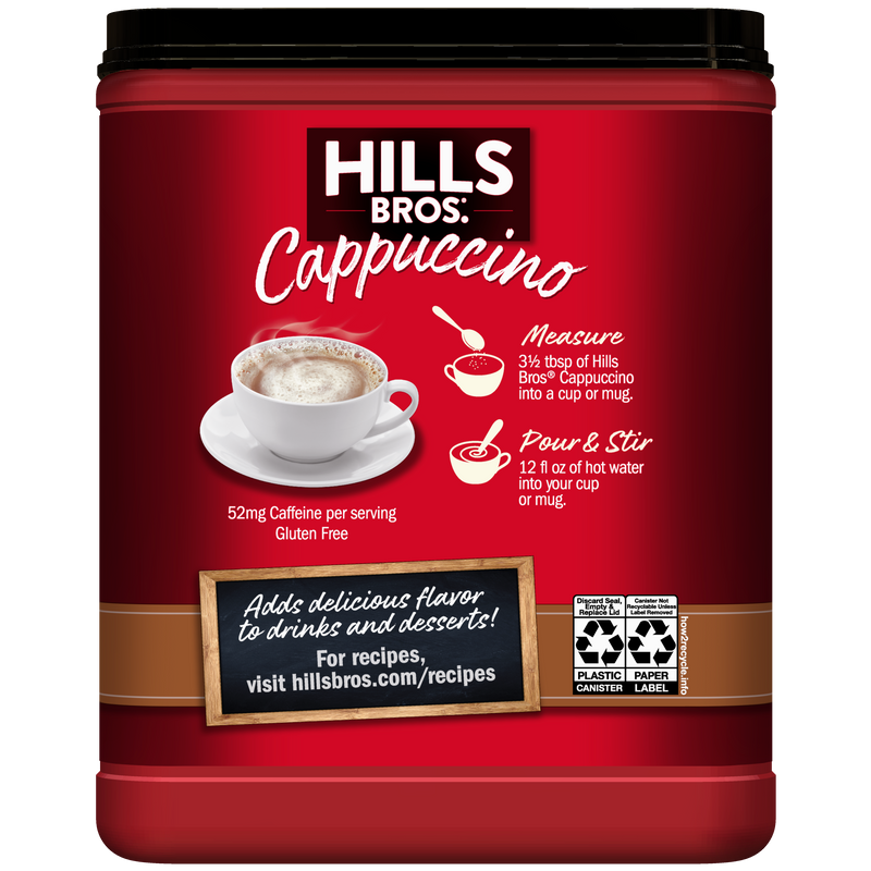 A red container of Hills Bros. Cappuccino English Toffee Instant Cappuccino Mix with measuring and stirring instructions, featuring a cup of cappuccino on the label.