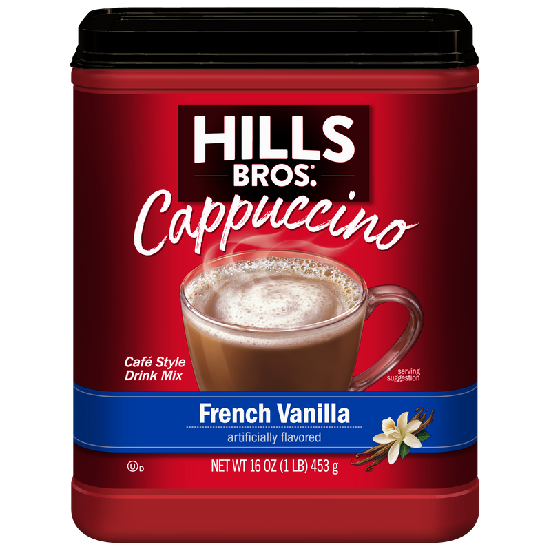 Hills Bros. Cappuccino French Vanilla - Instant Cappuccino Mix, 16 oz, comes in a vibrant red and blue package showcasing a tempting cappuccino in a clear mug beside a vanilla flower.