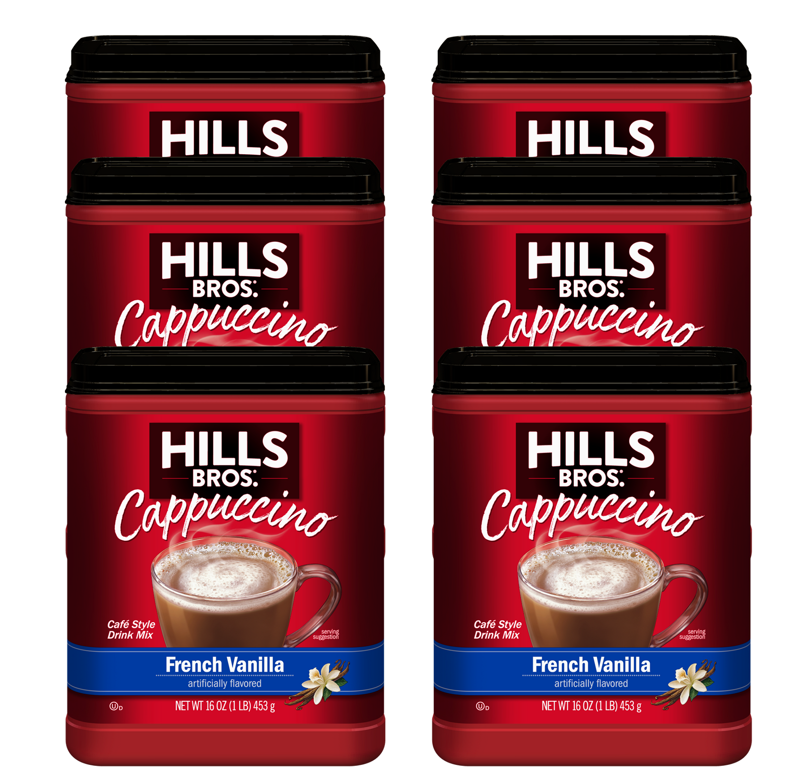 Six 16 oz containers of Hills Bros. Cappuccino French Vanilla - Instant Cappuccino Mix are arranged in two columns on a white background.