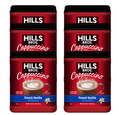 Six 16 oz containers of Hills Bros. Cappuccino French Vanilla - Instant Cappuccino Mix are arranged in two columns on a white background.