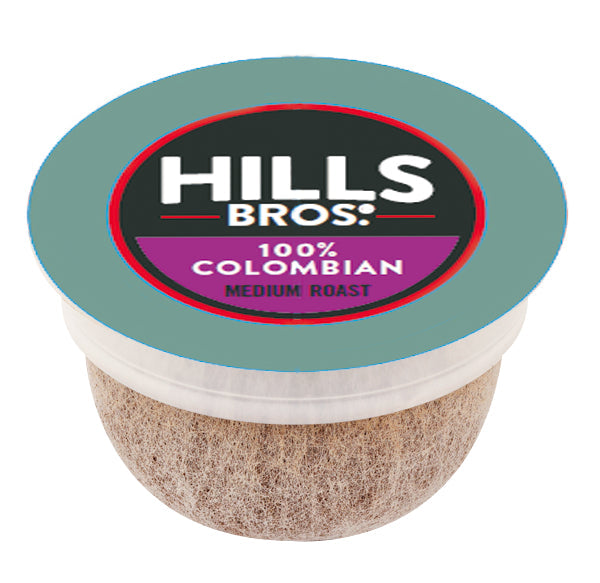 Single-serve coffee pod labeled "Hills Bros. Coffee: 100% Colombian - Medium Roast - Single-Serve Coffee Pods" with a teal lid and black and magenta design.