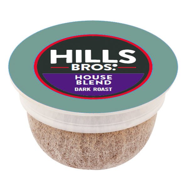 Pod of Hills Bros. Coffee House Blend - Dark Roast - Single-Serve Coffee Pods made from 100% Arabica coffee beans against a white background.