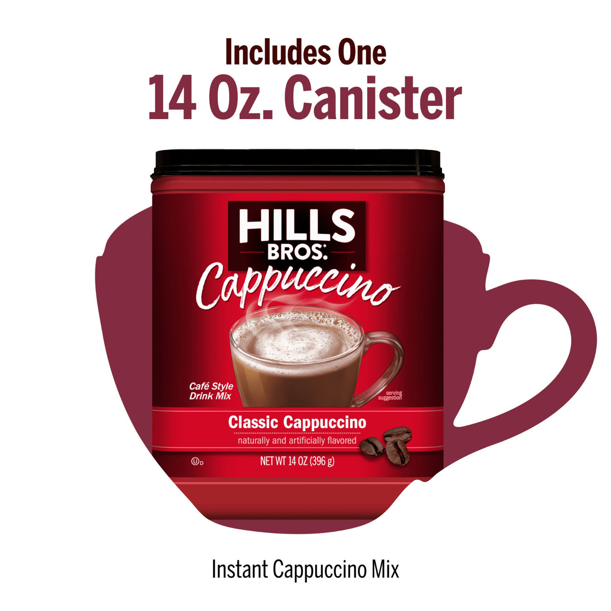 Hills Bros. Cappuccino Classic Cappuccino - Instant Cappuccino Mix, 14 oz canister, features its product name and a cup silhouette—ideal for a creamy coffee treat any time.