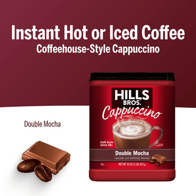 A container of Hills Bros. Cappuccino Double Mocha Instant Cappuccino Mix is shown beside chocolate and coffee beans, promoting rich coffeehouse-style hot or iced cappuccino you can enjoy instantly at home.