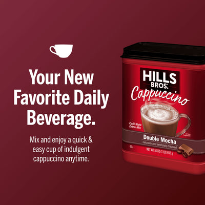 A container of Hills Bros. Cappuccino Double Mocha - Instant Cappuccino Mix is shown beside text highlighting this quick and easy beverage for everyday enjoyment.