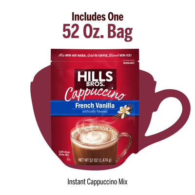 A 52 oz resealable pouch of Hills Bros. Cappuccino French Vanilla Instant Cappuccino Mix is shown, featuring coffee cup graphics and product details for a creamy, indulgent cappuccino experience.