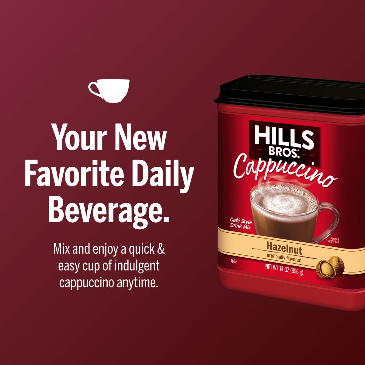 A red container of Hills Bros. Cappuccino Hazelnut - Instant Cappuccino Mix is shown beside text highlighting this instant mix as a convenient, indulgent beverage for daily enjoyment.