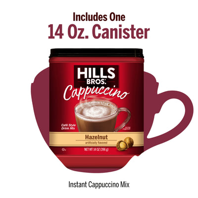 A 14 oz canister of Hills Bros. Cappuccino Hazelnut - Instant Cappuccino Mix is shown with text stating "Includes One 14 Oz. Canister." Enjoy rich, instant hazelnut cappuccino flavor in every cup.