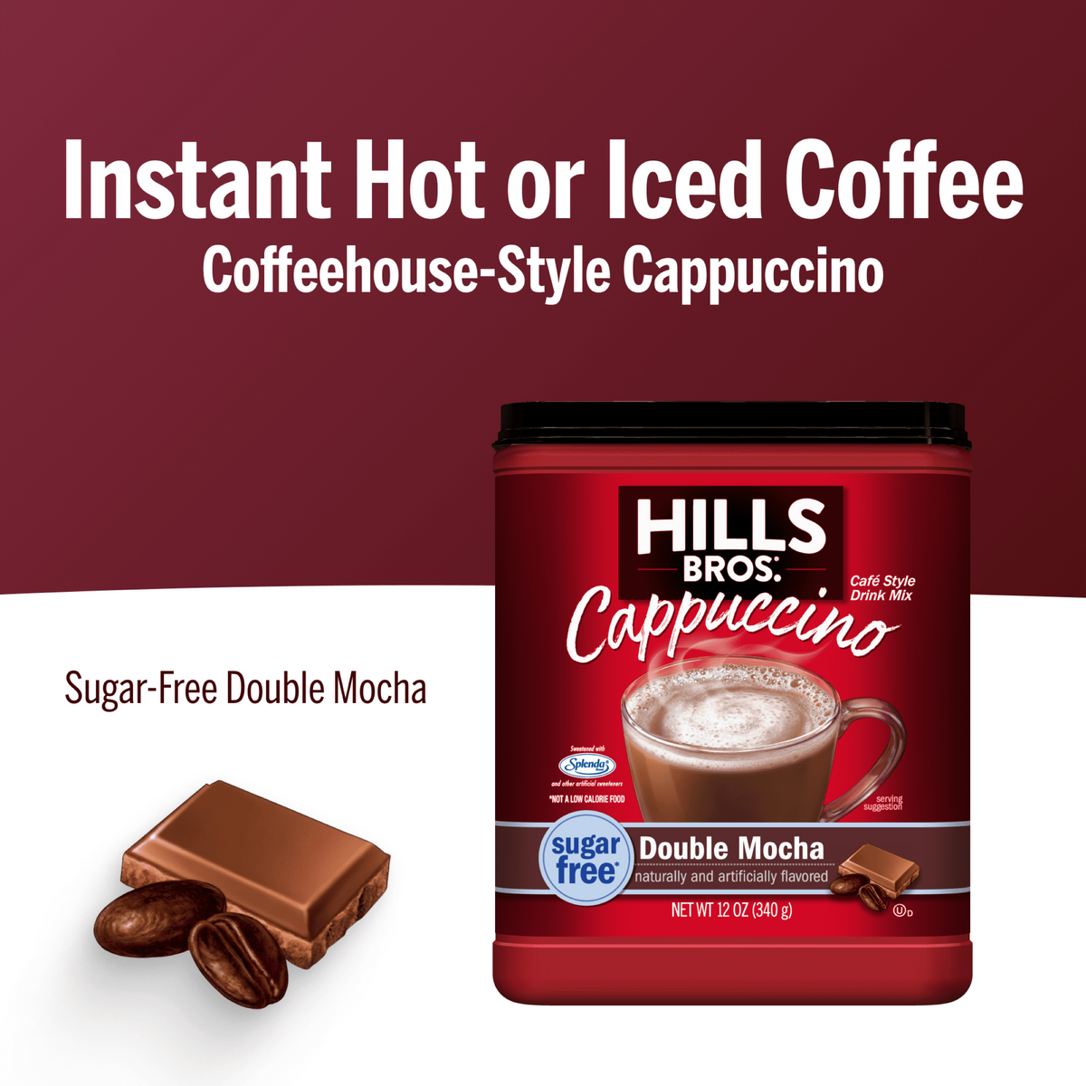 Hills Bros. Cappuccino Sugar-Free Double Mocha Instant Cappuccino Mix with a coffee cup, chocolate pieces, and beans. Enjoy hot or iced for a coffeehouse-style experience anytime—sugar-free and easy to prepare.